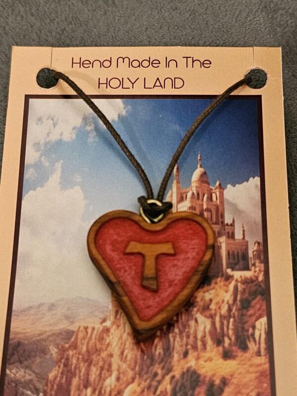 Heart shaped with tau cross Pendant Olive wood - Image 2