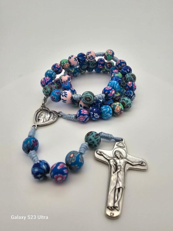 FIMO Rosary with Flower Pattern, Handmade Azure Clay Beads for Prayer, Unique Religious Gift for Young and Faithful