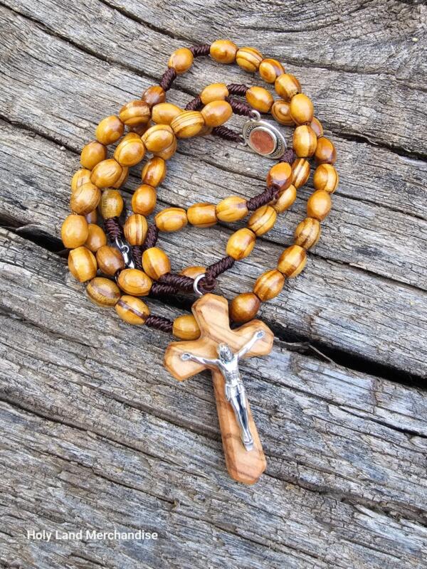 Handmade Olive Wood Rosary | 6mm Beads with Big Cross & Holy Land Soil Pendant
