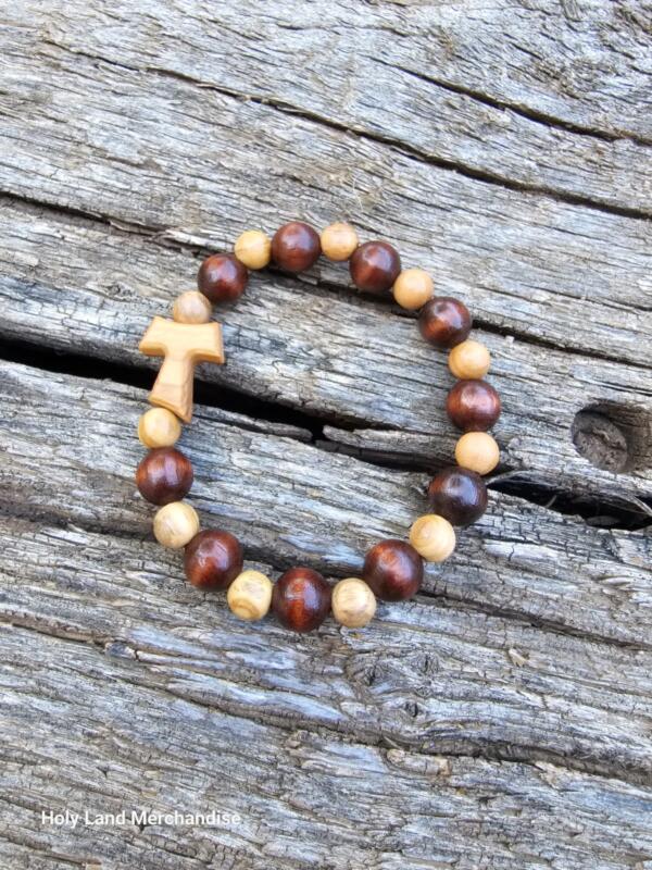 Elastic bracelet 2 colors beads Tau cross olivewood Hand made in Jerusalem the Holy land