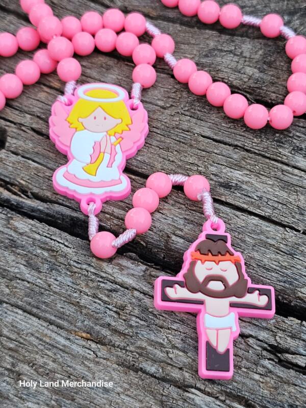 Pink Rosary for kids 6mm beads Cross and centr piece made of rubber