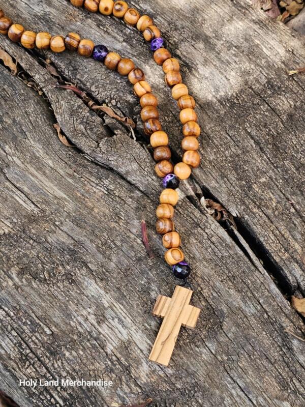 Rosary Handmade 8mm olive wood and Gemstone beads 3.5cm Cross