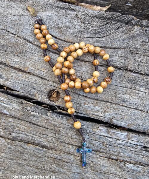 Rosary Handmade Olive wood 8mm beads Cross with enamel
