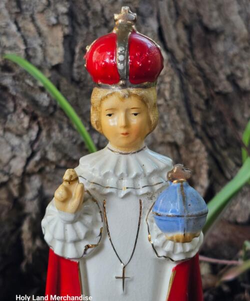 Vintage Infant Jesus of Prague Statue – Hand-Painted Plaster from the Holy Land (1990s)