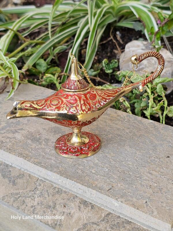 Aladdin oil lamp, Stunning 16cm Real Brass with Red Accent, Perfect for Home Lighting, Unique Gift for Home Decor Lovers