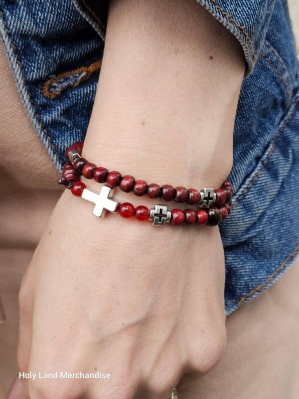 Elegant Women’s Cross Bracelet - 4mm Wood Beads from Jerusalem | Holy Land