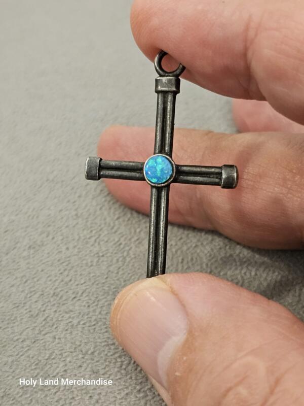 Handmade 925 Sterling Silver Cross Pendant Inlaid with Opal | Holy Land Jewelry - Image 3