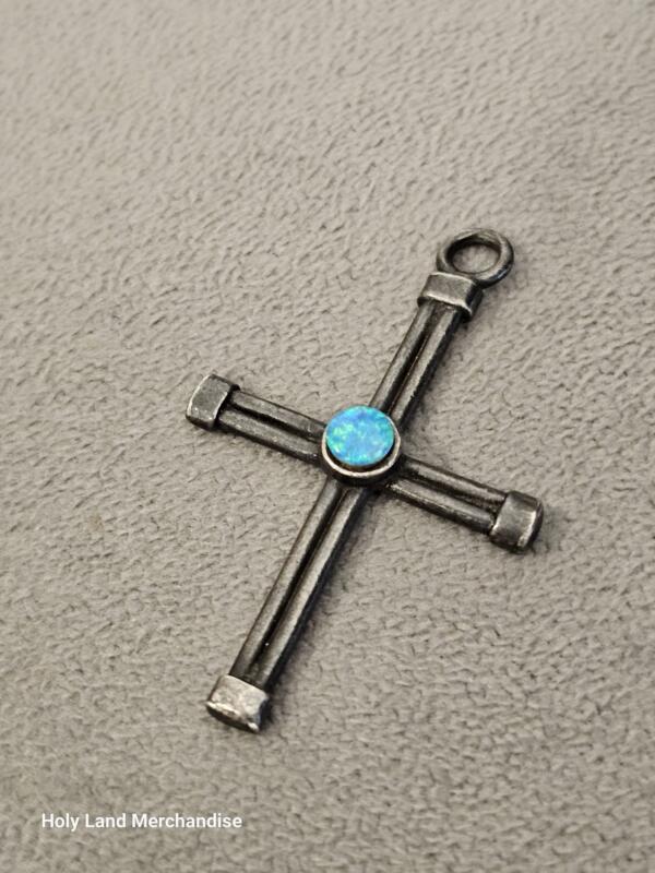 Handmade 925 Sterling Silver Cross Pendant Inlaid with Opal | Holy Land Jewelry