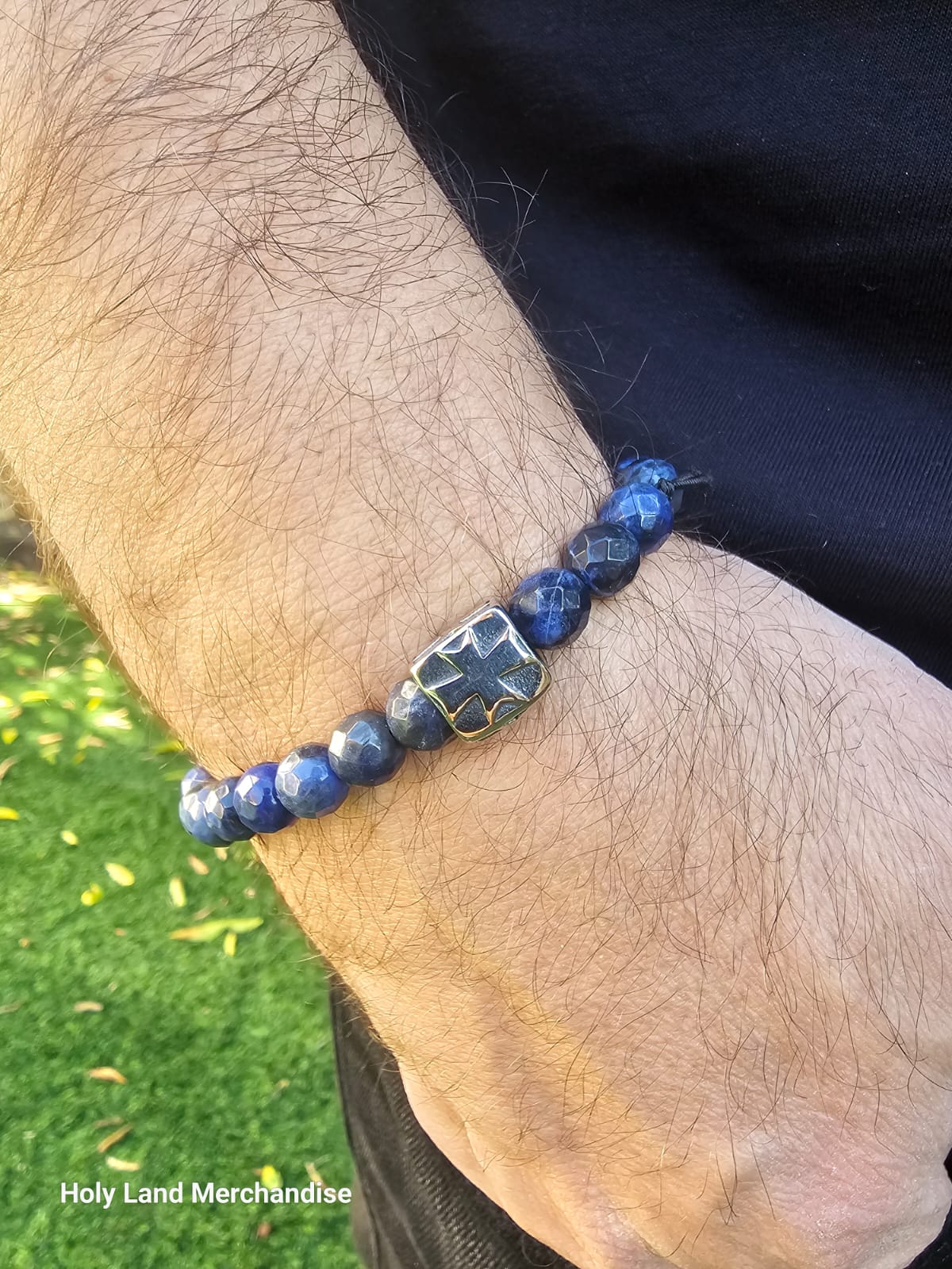 Handmade Man bracelet. Sodalite beads. Stainless Crusader cross. Valentine  day gift. - Holy Land Merchandise, image size:1200x1600