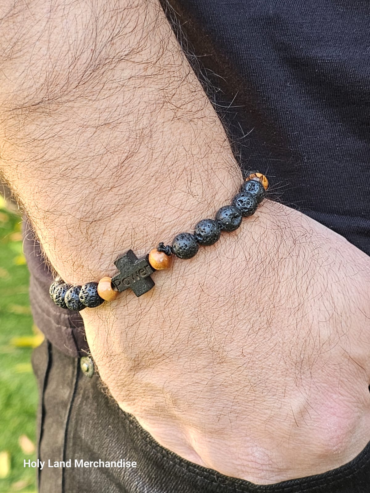 Lava and olive wood beads. handmade Man bracelet. Cross with engraving.  Initials can be engraved. Valentine day gift - Holy Land Merchandise, image size:1200x1600
