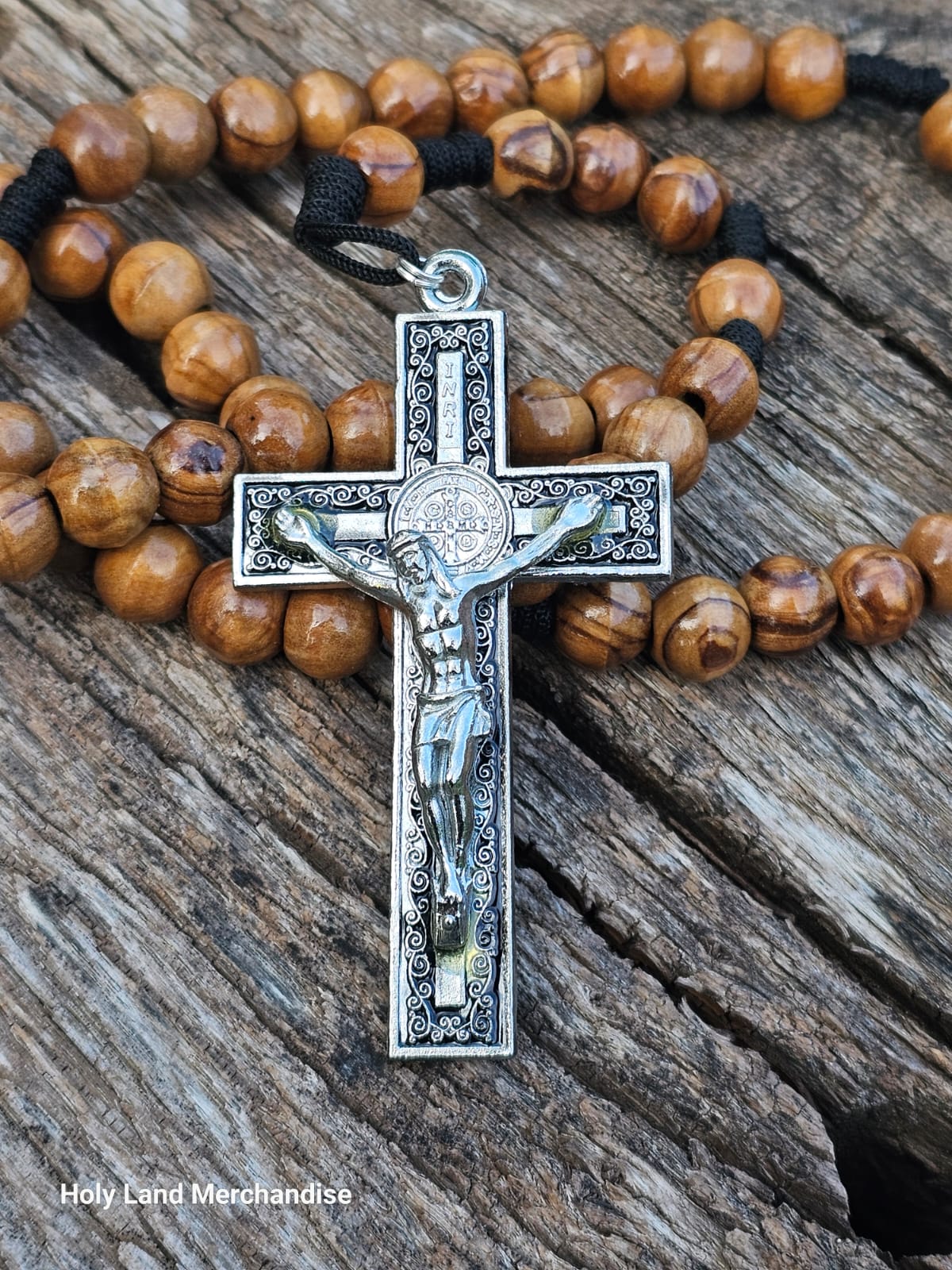 Hand made Olive wood rosary necklace 10mm beads Big cross