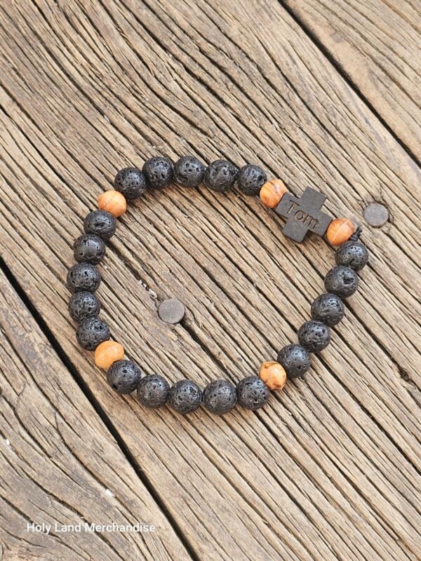 Lava and olive wood beads. handmade Man bracelet. Cross with engraving. Initials can be engraved. Valentine day gift - Image 3