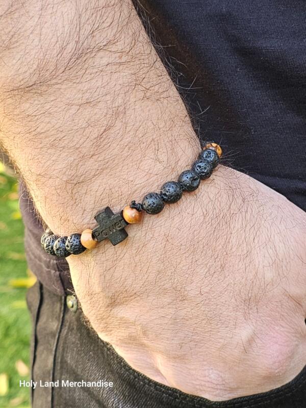 Lava and olive wood beads. handmade Man bracelet. Cross with engraving. Initials can be engraved. Valentine day gift
