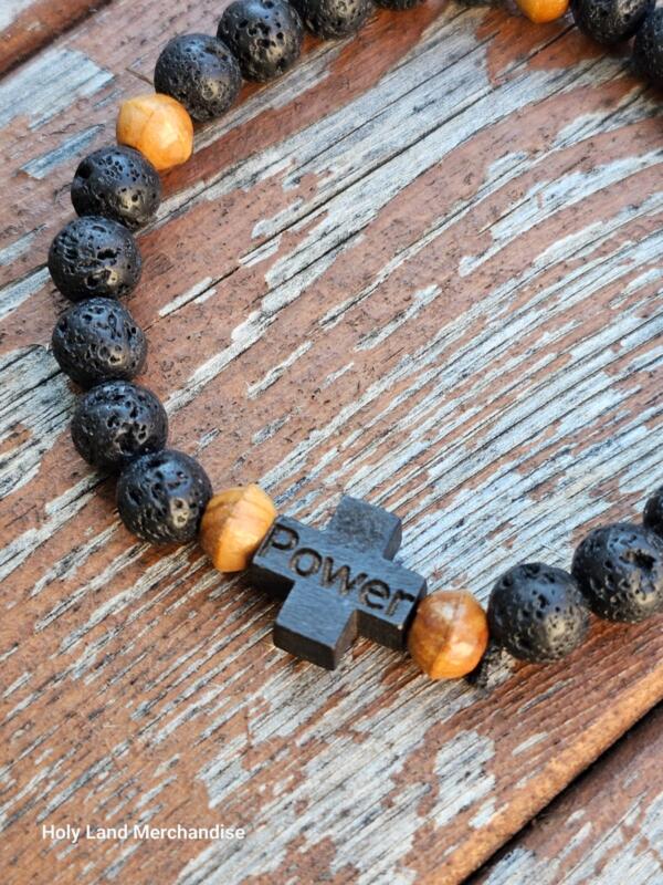 Lava and olive wood beads. handmade Man bracelet. Cross with engraving. Initials can be engraved. Valentine day gift - Image 8
