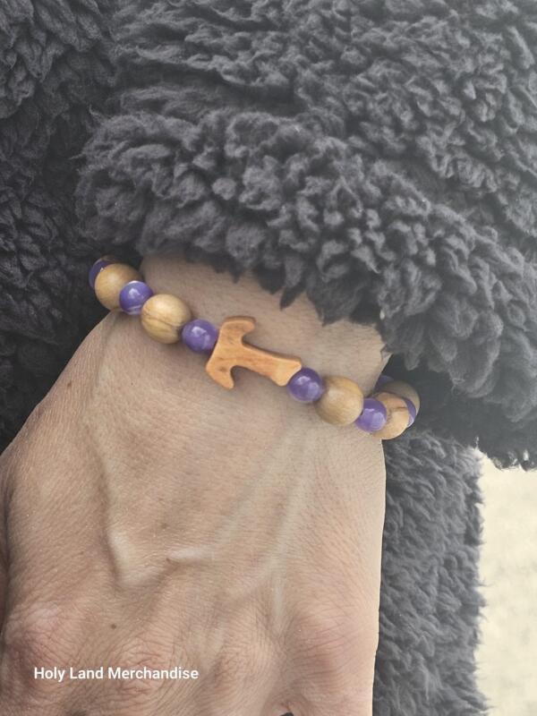Women’s Tau Cross Bracelet - Olive Wood and glass Beads