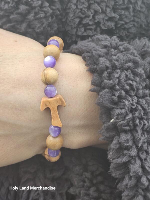 Women’s Tau Cross Bracelet - Olive Wood and glass Beads - Image 4