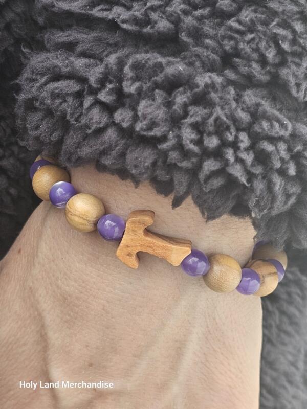 Women’s Tau Cross Bracelet - Olive Wood and glass Beads - Image 2