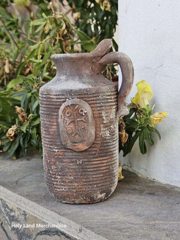 Handmade Holy Land Clay Jug with Cross Symbol – Ancient-Style Christian Pottery