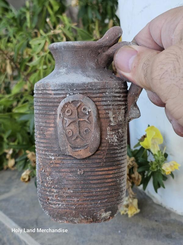Handmade Holy Land Clay Jug with Cross Symbol – Ancient-Style Christian Pottery - Image 2