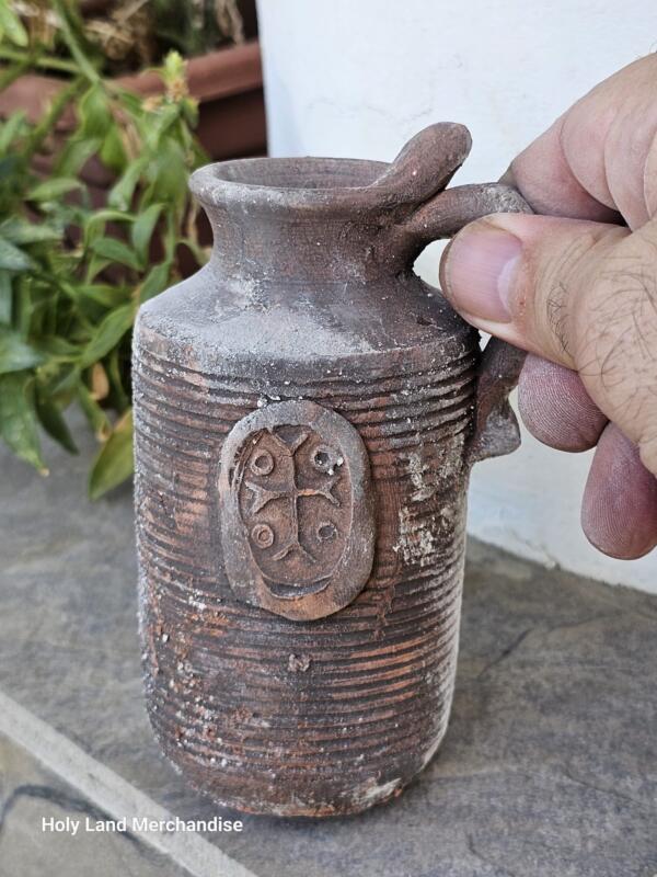Handmade Holy Land Clay Jug with Cross Symbol – Ancient-Style Christian Pottery - Image 4