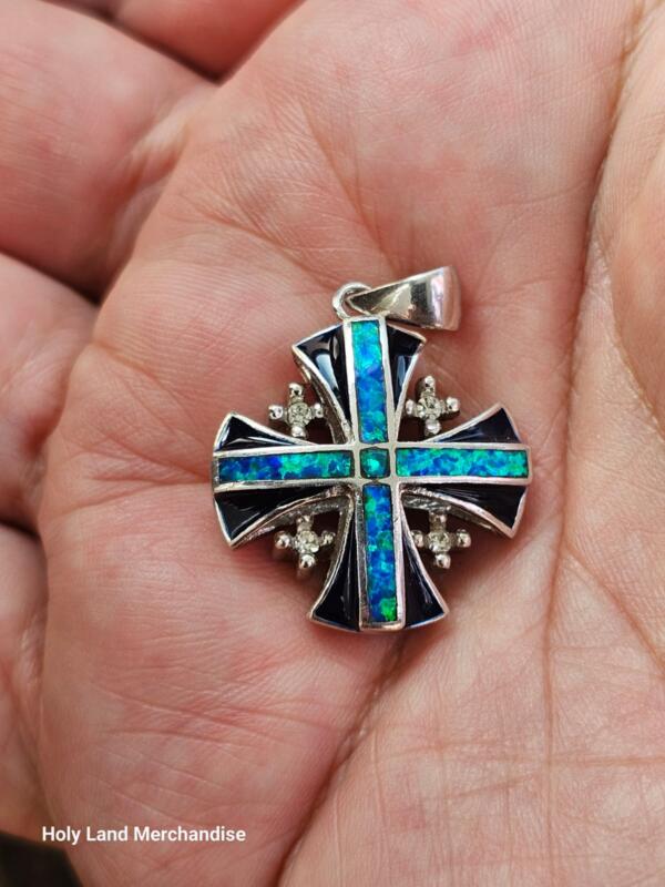 Vintage 925 Sterling Silver Jerusalem Cross Pendant with Opal | Handmade Elegance - Image 3