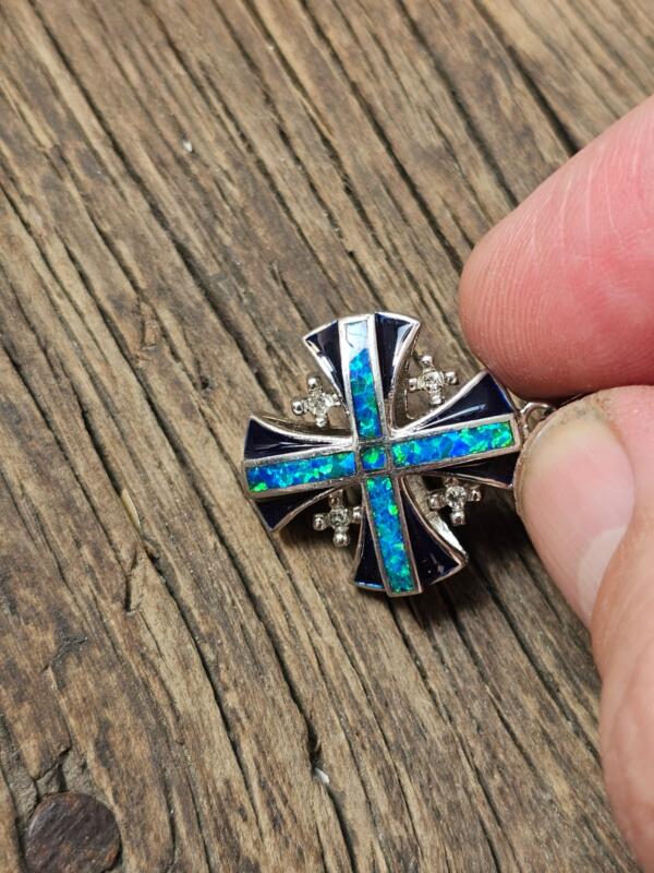 Vintage 925 Sterling Silver Jerusalem Cross Pendant with Opal | Handmade Elegance