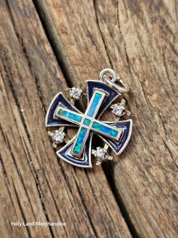 Vintage 925 Sterling Silver Jerusalem Cross Pendant with Opal | Handmade Elegance - Image 5