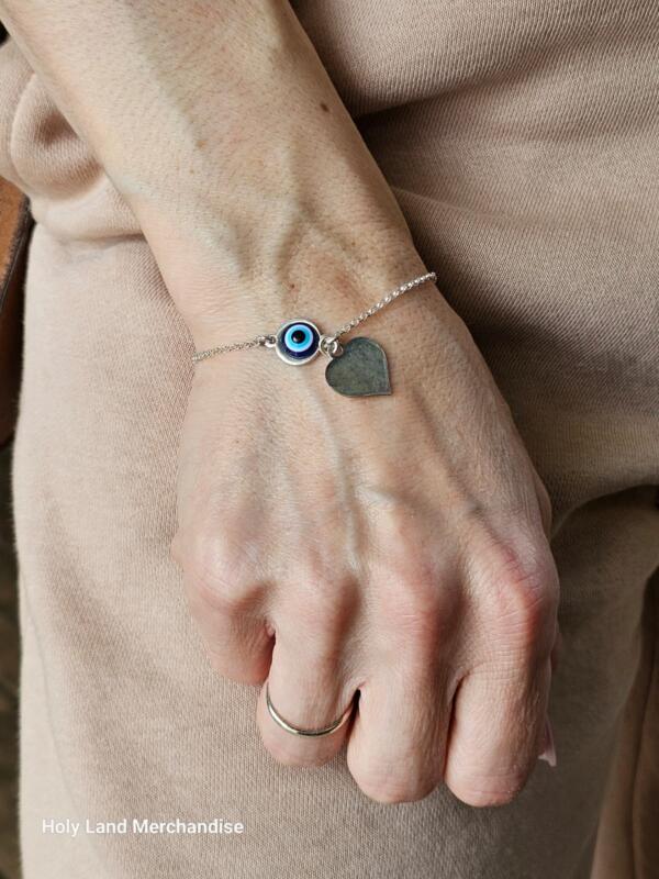 Silver 925 Evil Eye Bracelet with Heart pendant - Protection Jewelry