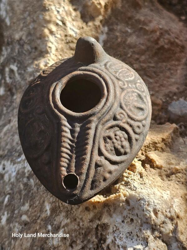 Handcrafted Clay Oil Lamp – Ancient-Style Holy Land Replica with Decorative Symbols Ste