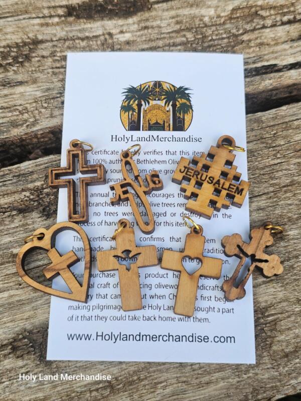 wood pendant cross • 7 Laser-Cut Olive wood Cross & Ichthys Charms from Bethlehem • Gift Box - Image 4