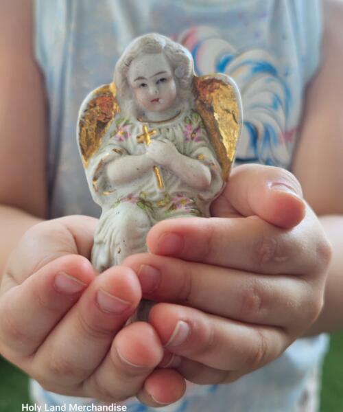 Vintage Porcelain Praying Angel Figurine • Gold-Gilt Wings & Hand-Painted Florals