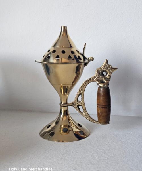 Personalized 12cm Brass incense burner (Wood Handle) + 30g Incense To choose from •  Myrrh and frankincense / Lavender / Bethlehem Saints