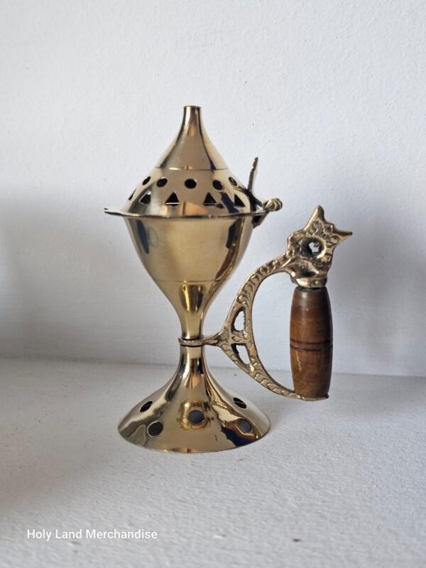 Personalized 12cm Brass incense burner (Wood Handle) + 30g Incense To choose from •  Myrrh and frankincense / Lavender / Bethlehem Saints