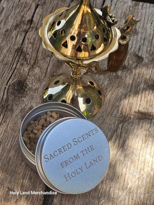 Personalized 12cm Brass incense burner (Wood Handle) + 30g Incense To choose from •  Myrrh and frankincense / Lavender / Bethlehem Saints - Image 3