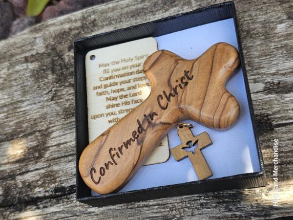 Confirmation Gift Set — Olive-Wood Comfort Cross “Confirmed in Christ” + Dove Cross Pendant & Laser-Engraved Blessing Card - Image 5