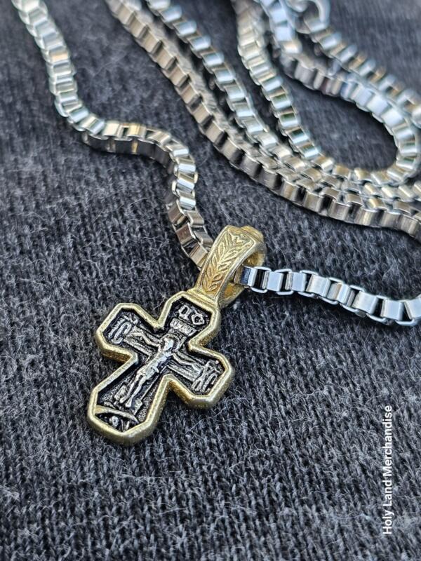 Vintage Georgian Orthodox Cross Pendant - Silver 925 & Gold, “Spasi i Sokhrani” — collier avec croix - collier acier inoxydable croix