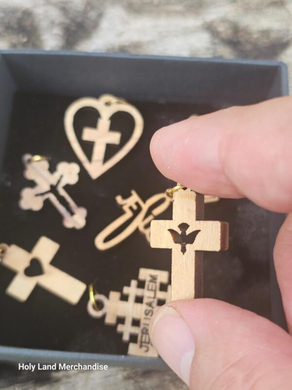 wood pendant cross • 7 Laser-Cut Olive wood Cross & Ichthys Charms from Bethlehem • Gift Box - Image 2