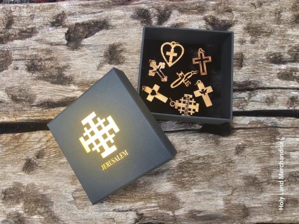 wood pendant cross • 7 Laser-Cut Olive wood Cross & Ichthys Charms from Bethlehem • Gift Box