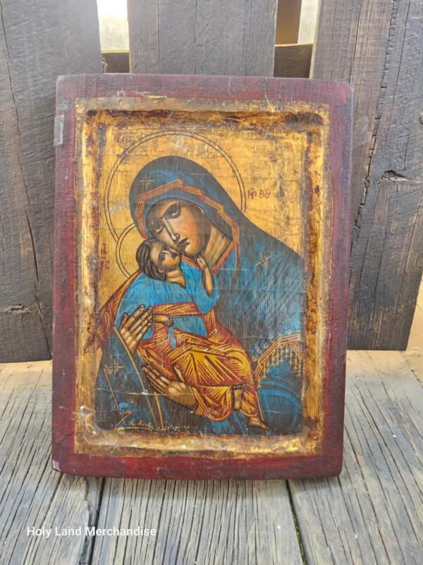 Vintage Greek Icon “Virgin of Tenderness” • Hand-Painted on Aged Wood with Real Gold Leaf