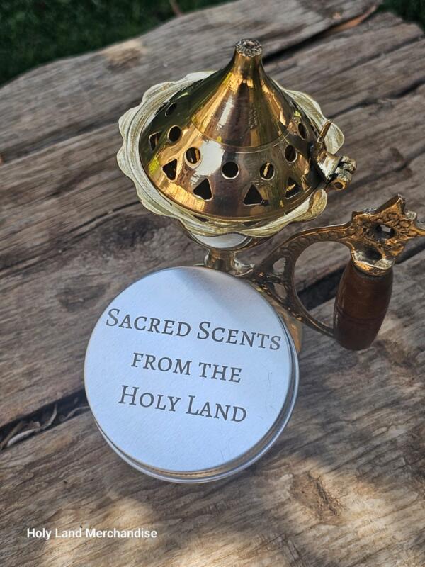 Personalized 12cm Brass incense burner (Wood Handle) + 30g Incense To choose from •  Myrrh and frankincense / Lavender / Bethlehem Saints - Image 2