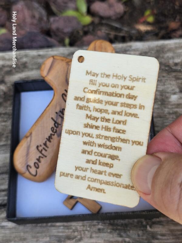Confirmation Gift Set — Olive-Wood Comfort Cross “Confirmed in Christ” + Dove Cross Pendant & Laser-Engraved Blessing Card - Image 3