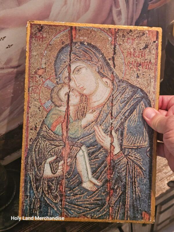 Vintage Byzantine “Virgin of Tenderness” Icon Plaque • Eleousa Mother & Child • Mosaic-Style Print on Panel • Gold Border - Image 2