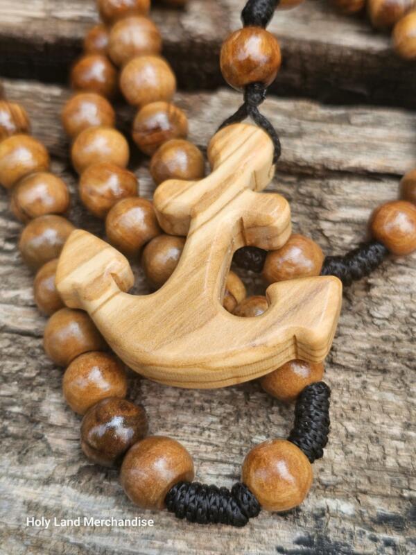 Personal engraving Anchor Cross Rosary Necklace • Hand-Carved in Bethlehem • Nautical Christian Gift for Sailors & Sea Lovers - Image 2