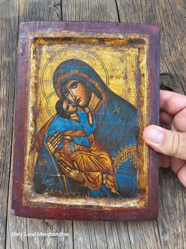 Vintage Greek Icon “Virgin of Tenderness” • Hand-Painted on Aged Wood with Real Gold Leaf - Image 5