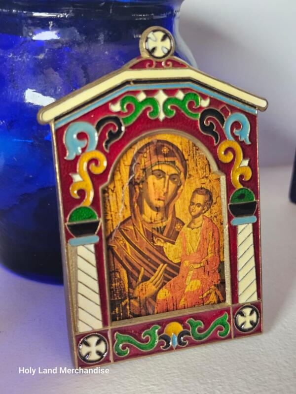 Virgin Mary • Theotokos Icon • Mini Byzantine Madonna & Child Icon Plaque • Enamel-Look Metal Frame • Theotokos Hodegetria • - Image 2