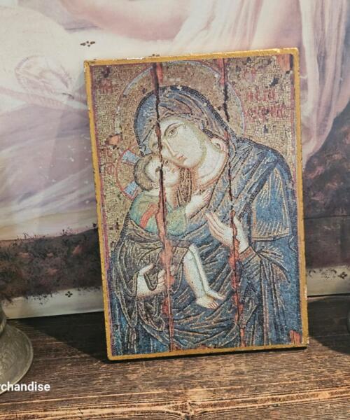 Vintage Byzantine “Virgin of Tenderness” Icon Plaque • Eleousa Mother & Child • Mosaic-Style Print on Panel • Gold Border