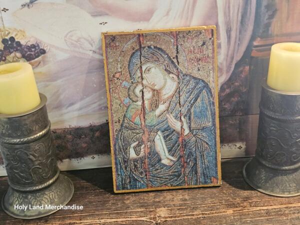 Vintage Byzantine “Virgin of Tenderness” Icon Plaque • Eleousa Mother & Child • Mosaic-Style Print on Panel • Gold Border