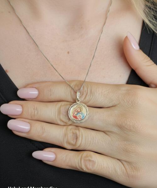 Sterling Silver 925 Virgin Mary & Child Round Pendant Necklace · Holy Land Christian Icon Jewelry