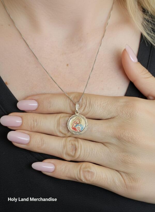 Sterling Silver 925 Virgin Mary & Child Round Pendant Necklace · Holy Land Christian Icon Jewelry