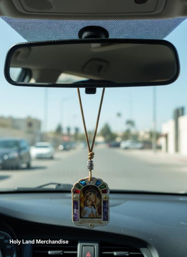 Virgin Mary and Child Wooden Car Pendant – Maria car charm - rear view mirror - car saint icon - safe travels